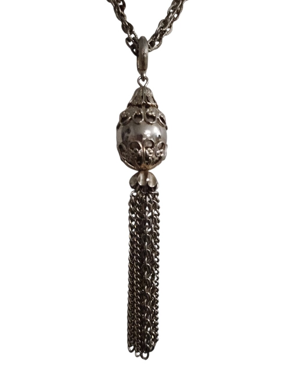 Silver-Tone Beaded Tassel Pendant Necklace